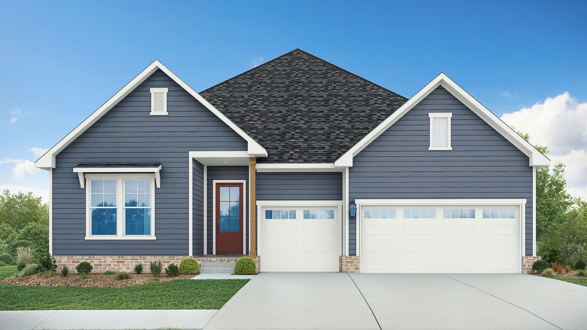 Exterior Elevation with siding, brick accents, and 3-car garage