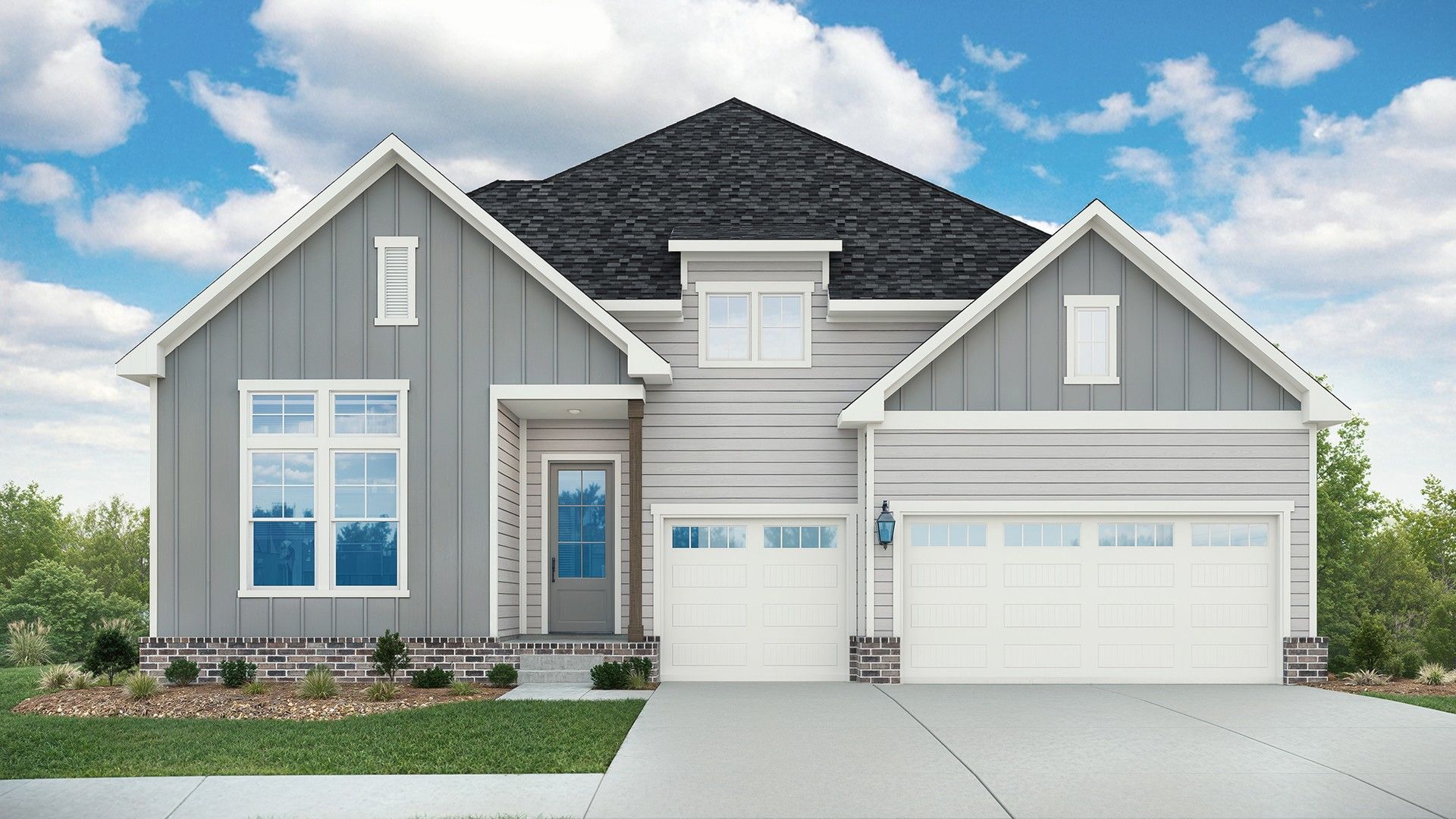 Exterior elevation with board and batten accent siding and 3-car garage