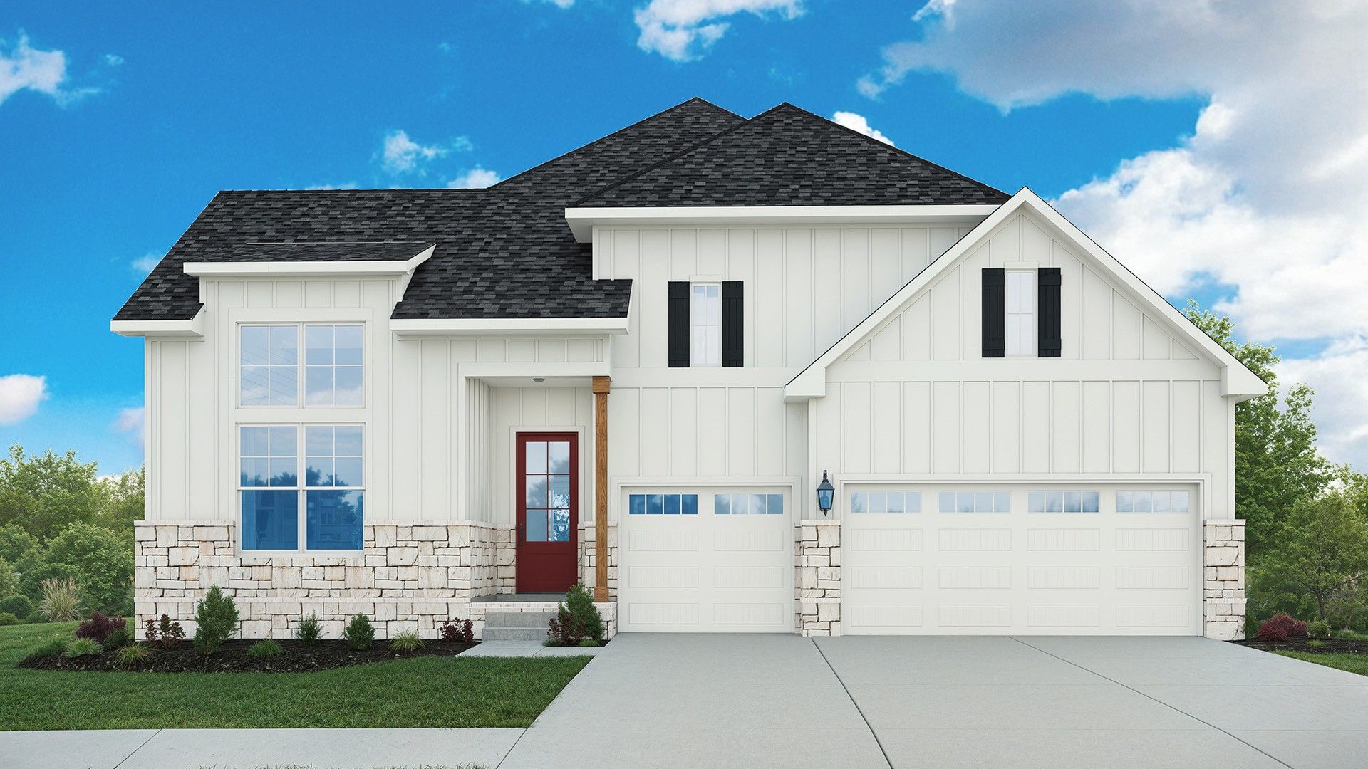 Exterior elevation with modern design and brick half wall.