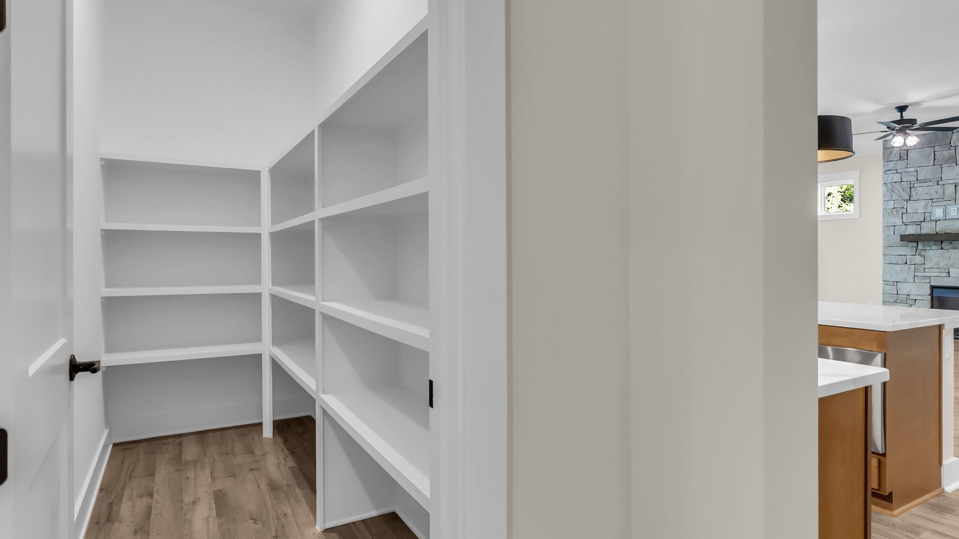 Walk-in pantry with built-in shelving