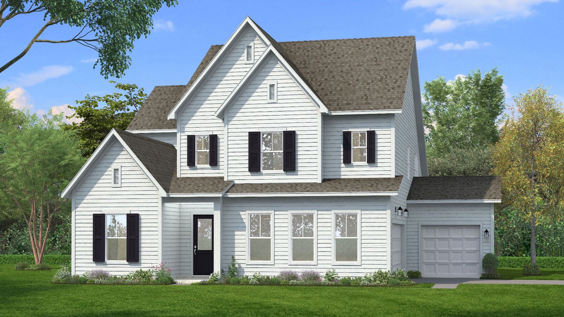 Elevation Rendering with white siding and 3-car side entry garage