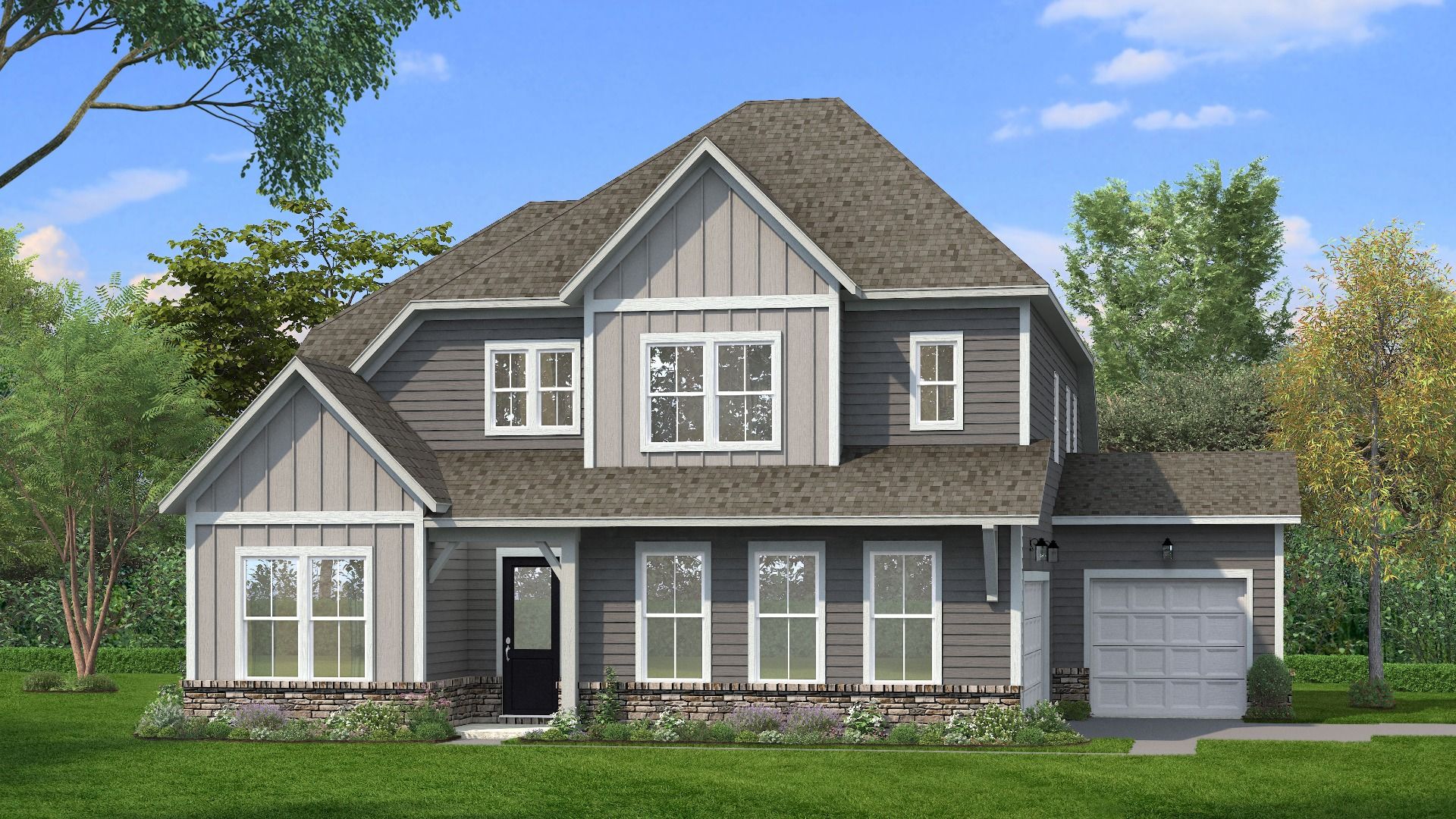 Elevation Rendering with white siding and 3-car side entry garage