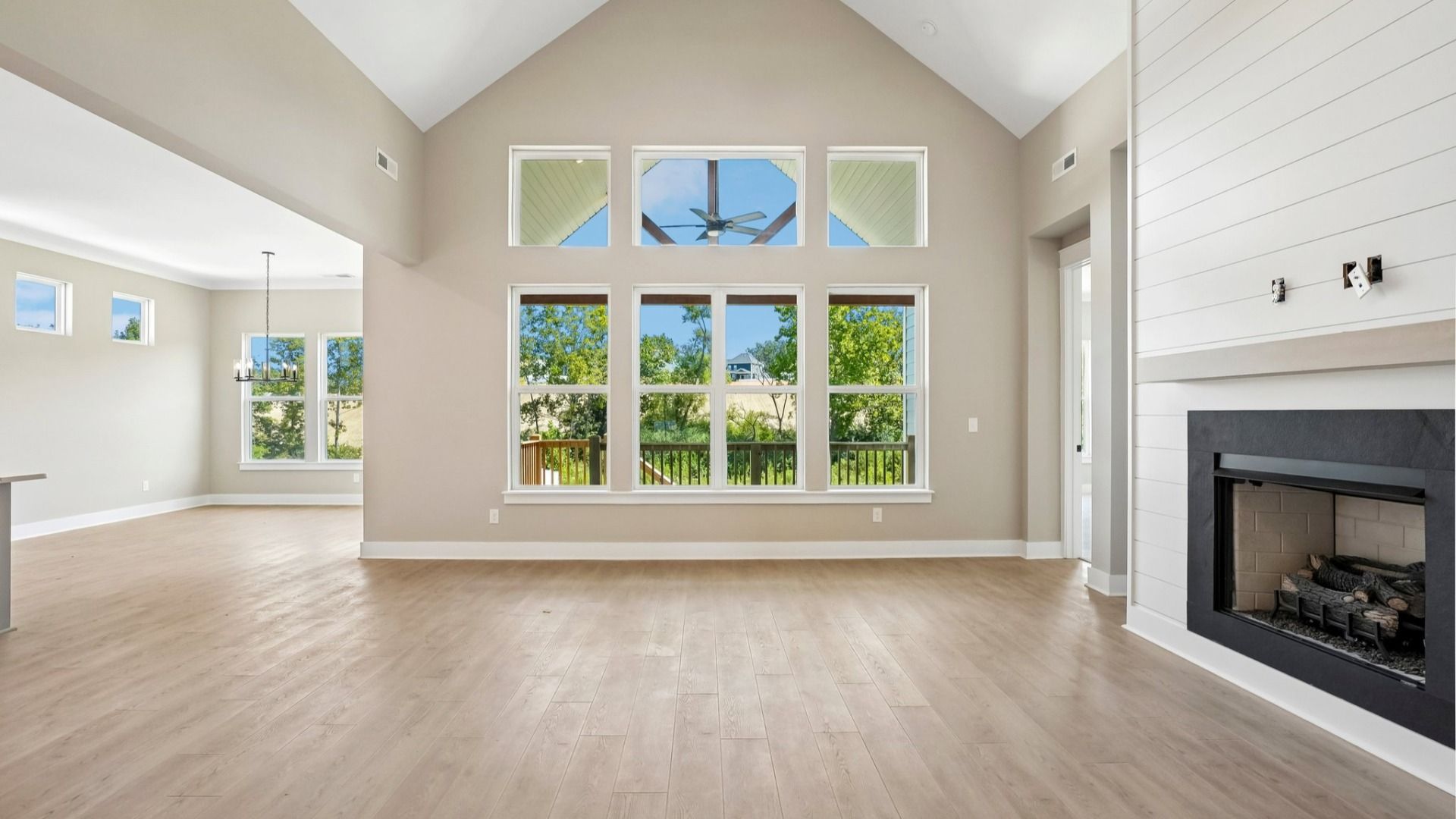 View from staircase of windows and living areas