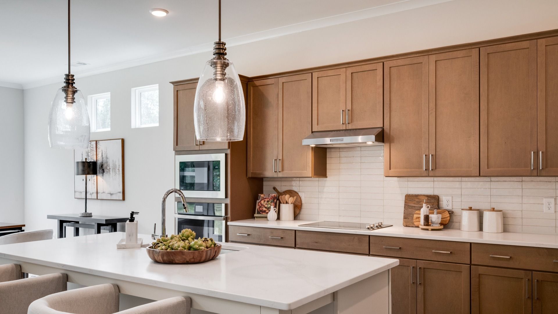 Kitchen with island and various cabinets and countertop spacing