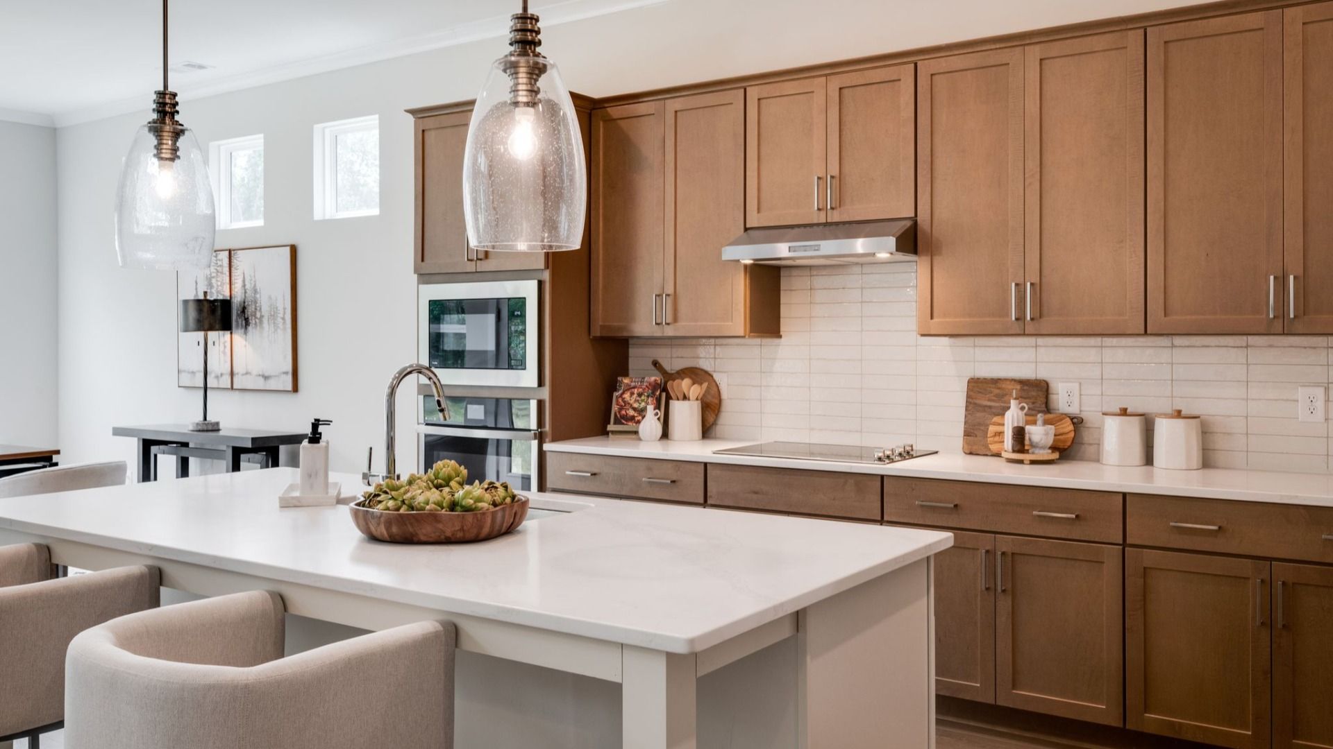 Kitchen with island and various cabinets and countertop spacing