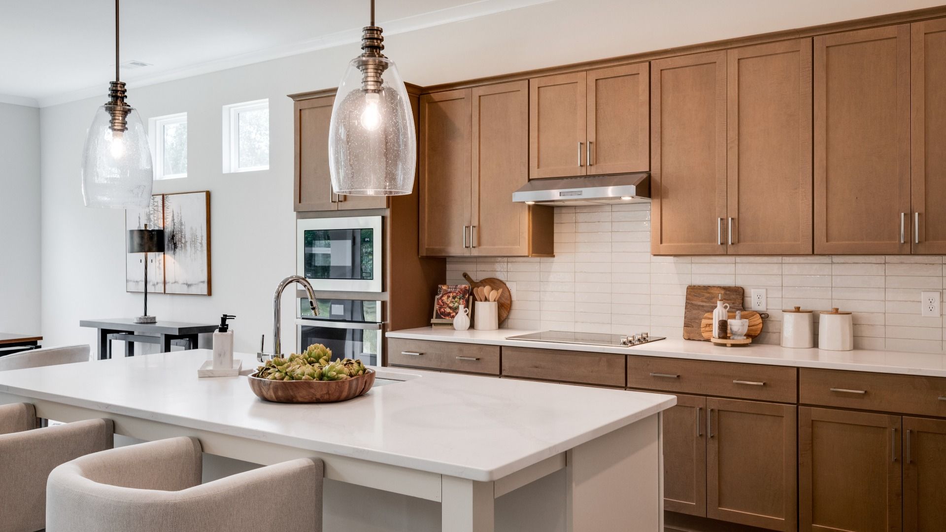Kitchen with island and various cabinets and countertop spacing