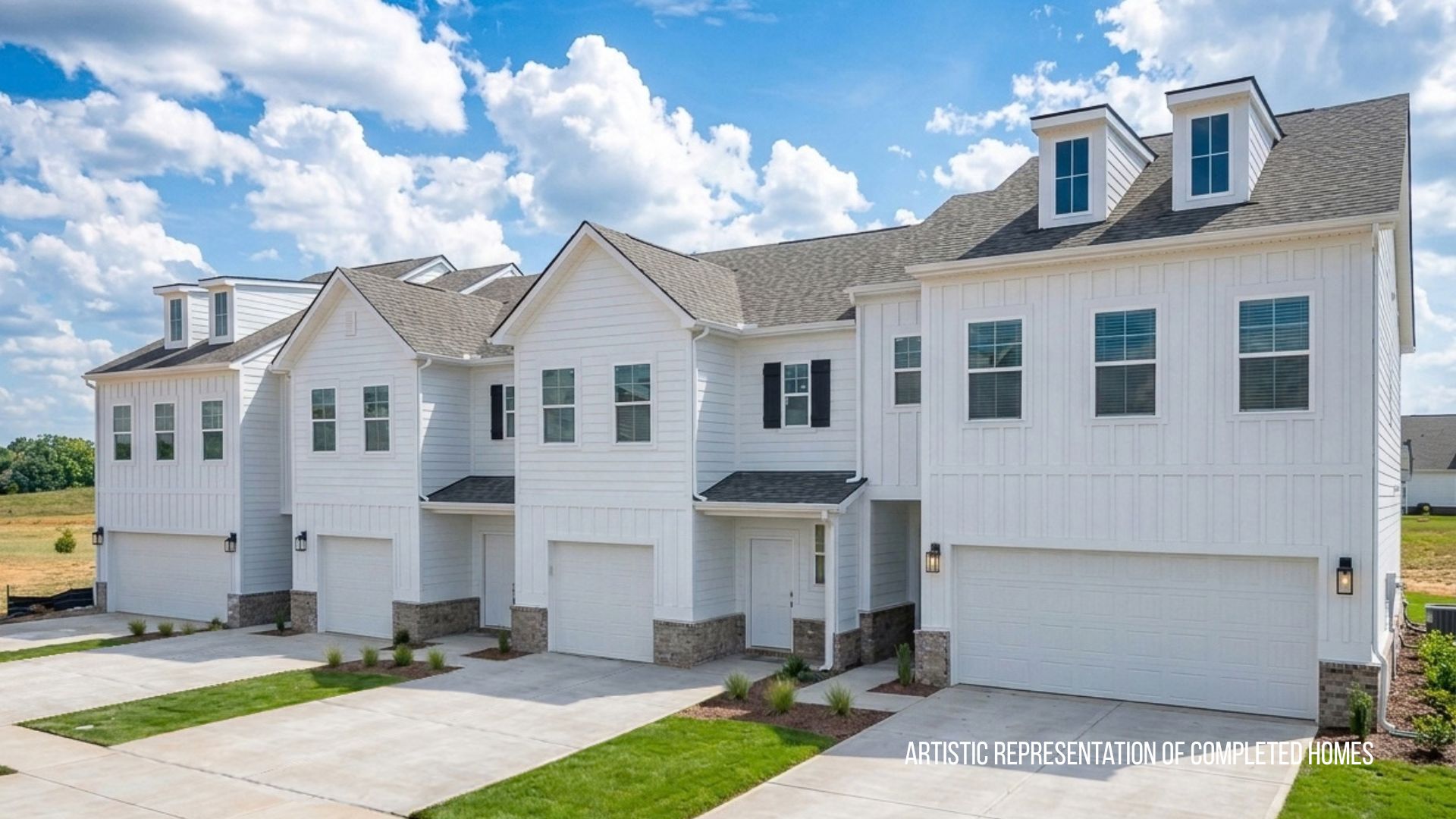 Front exterior of four townhomes