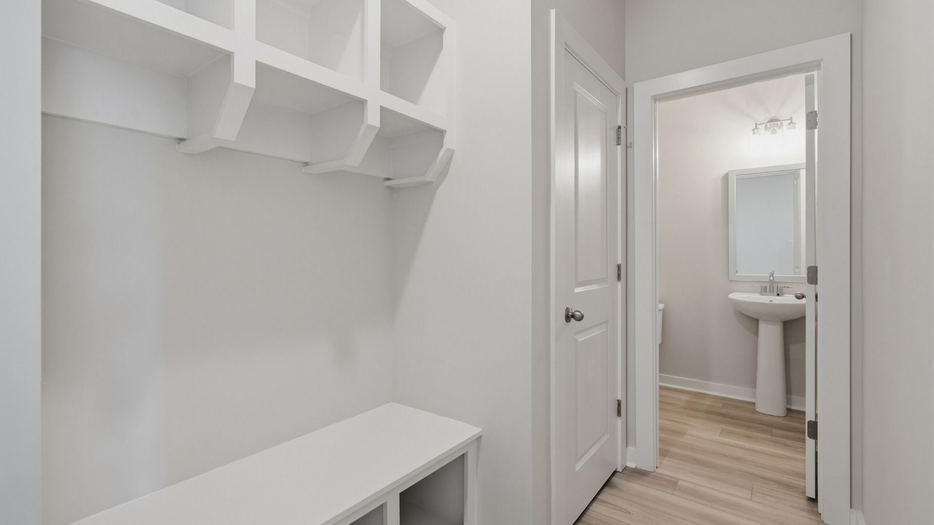 Convenient dropoff in hallway next to bathroom