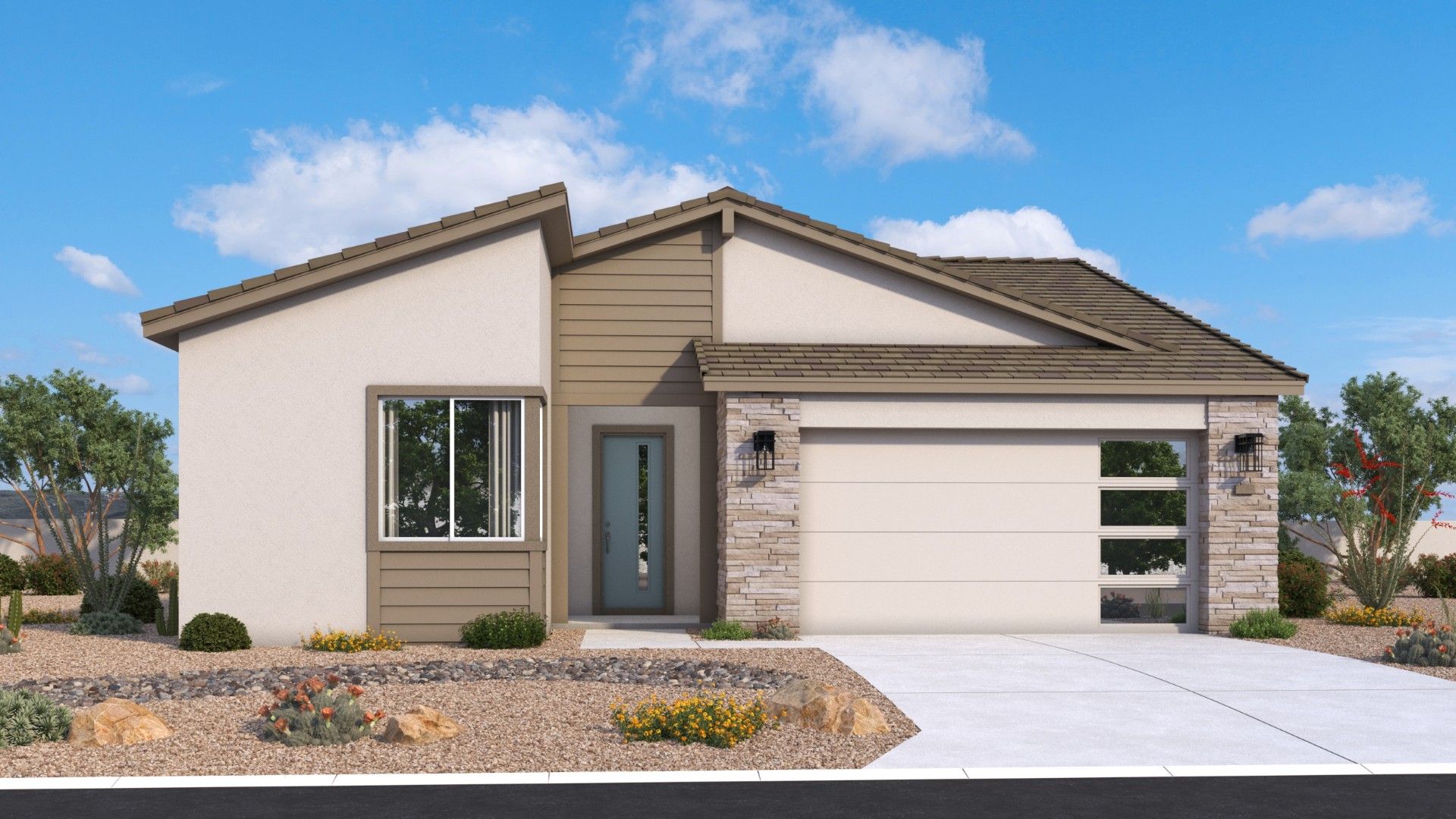 Farmhouse-style single-level Horseshoe exterior with clean lines, welcoming details, timeless character by DRB Homes Arizona