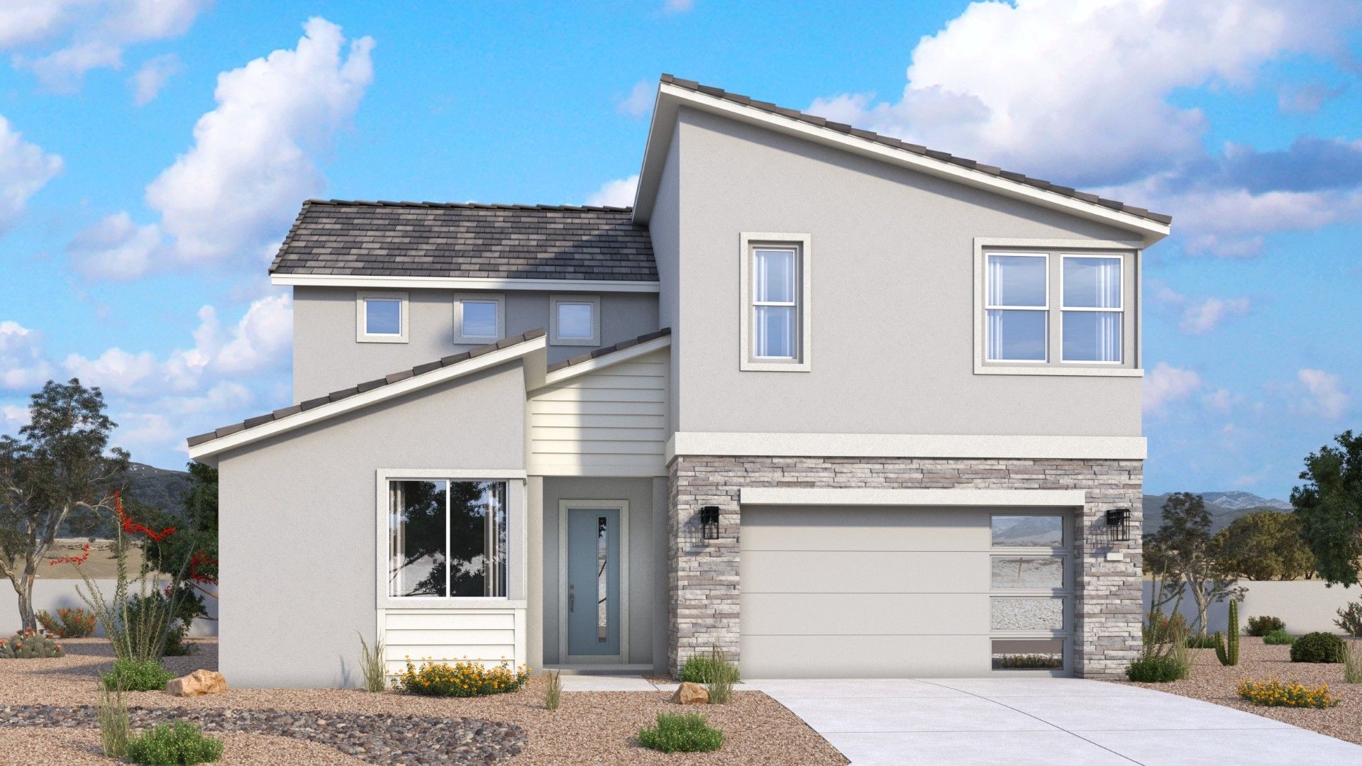 Mid-century modern two-story Pleasant exterior with strong lines and a balanced architectural design by DRB Homes in Arizona.