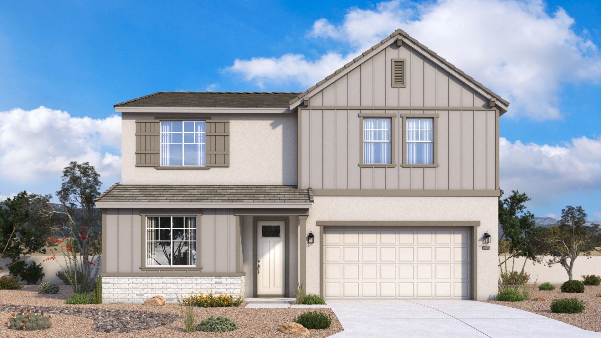Farmhouse-style two-story Pleasant home exterior with clean lines and welcoming architectural details by DRB Homes in Arizona
