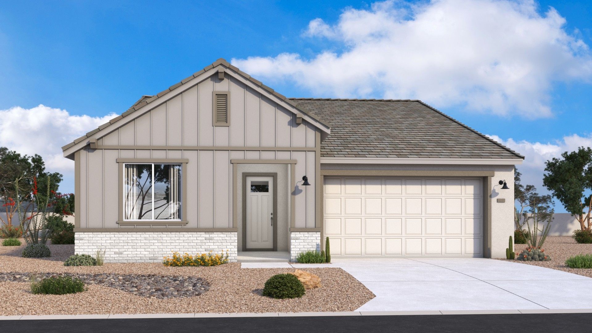Farmhouse-style single-level Mead exterior with clean lines, welcoming details and timeless character by DRB Homes Arizona