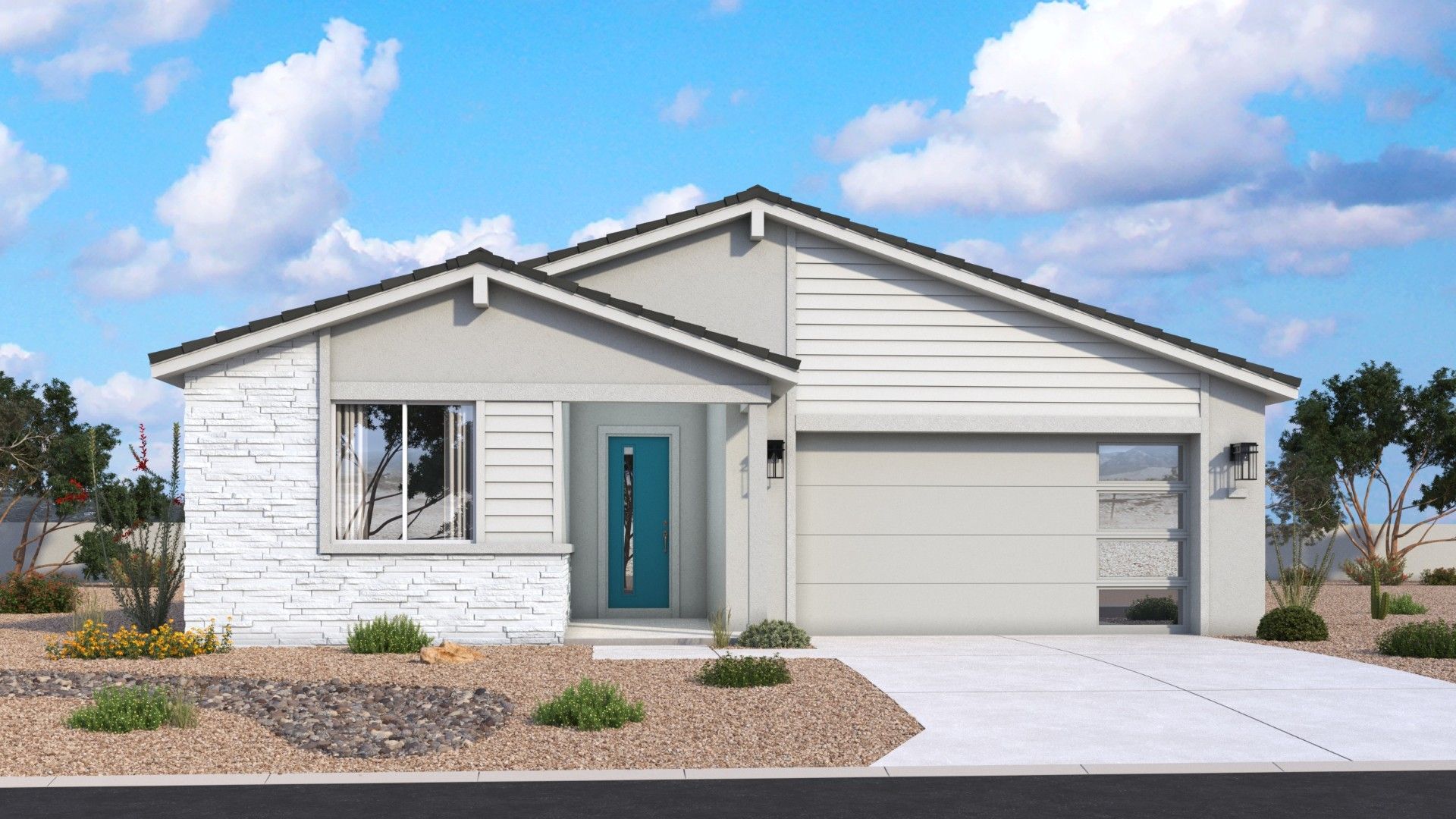 Mid-century modern single-level Mead exterior with strong lines and its refined architectural details by DRB Homes in Arizona