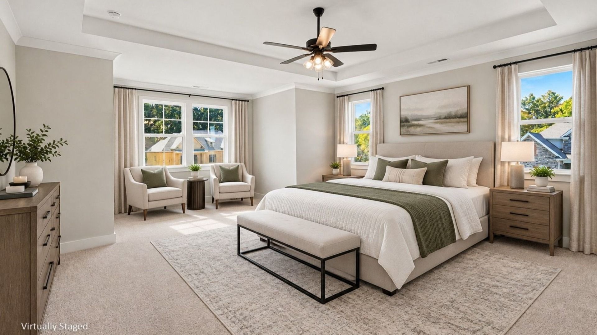 Visually staged image of primary bedroom