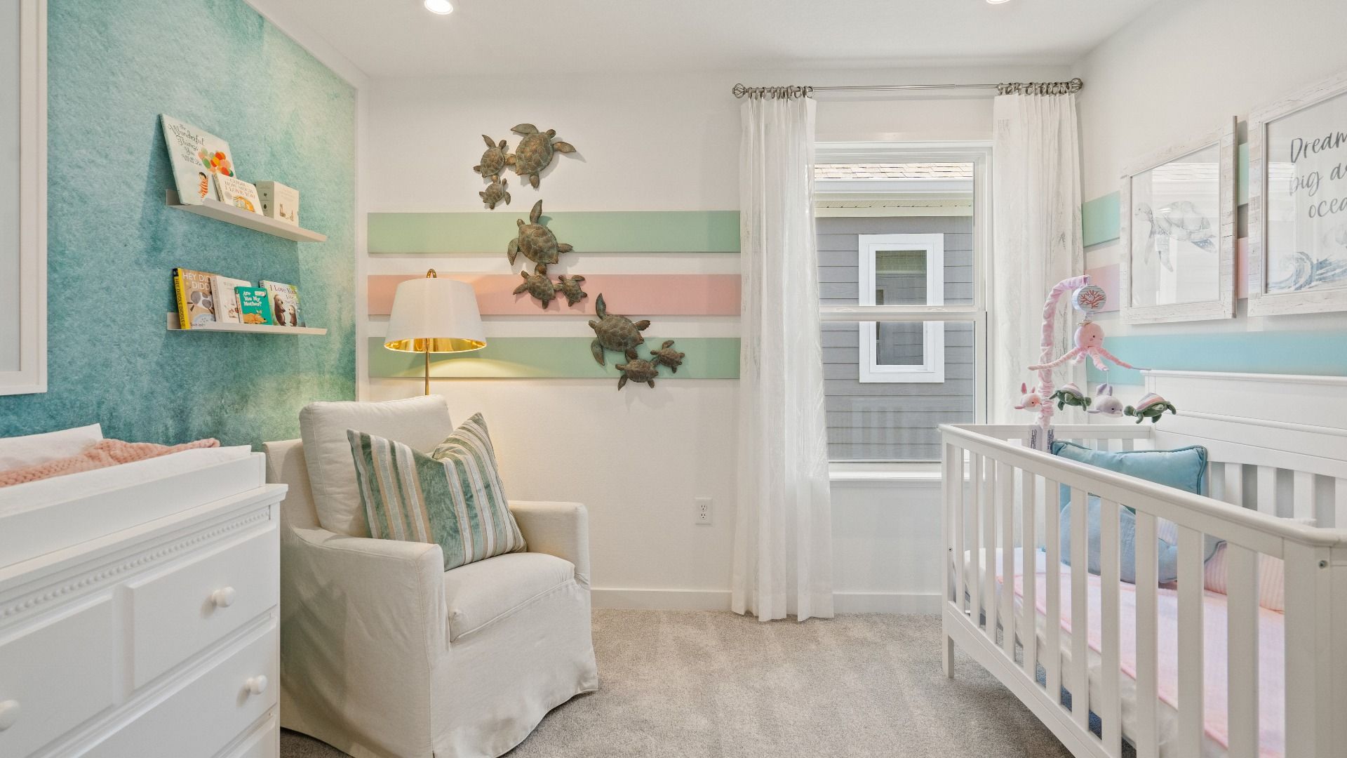 Carpeted secondary bedroom with large window in a DRB Homes Ambersweet model at the Trinity Place community.