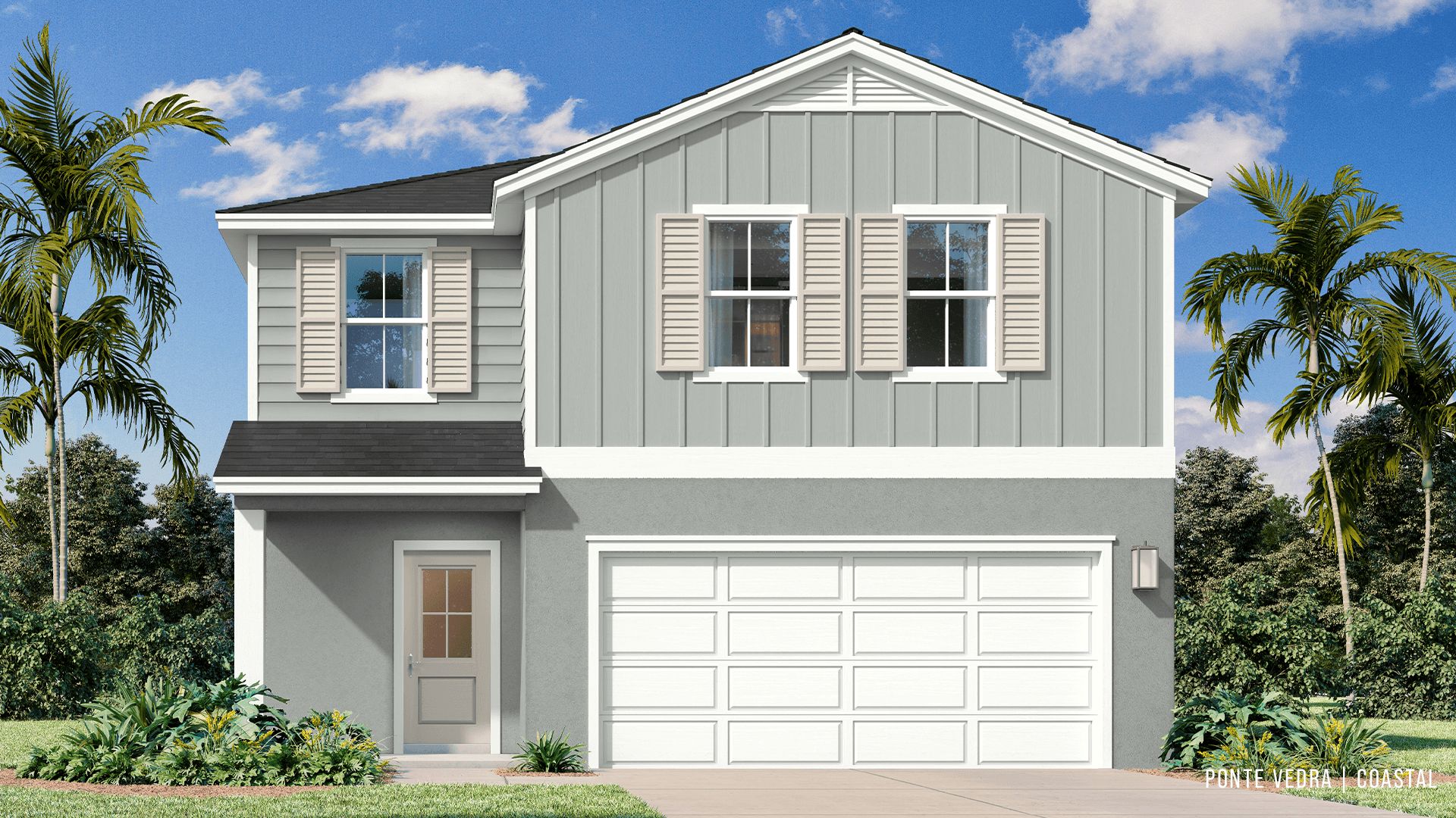 New construction two-story home, the Ponte Vedra model features covered entry, and 2-car garage with a paver driveway.