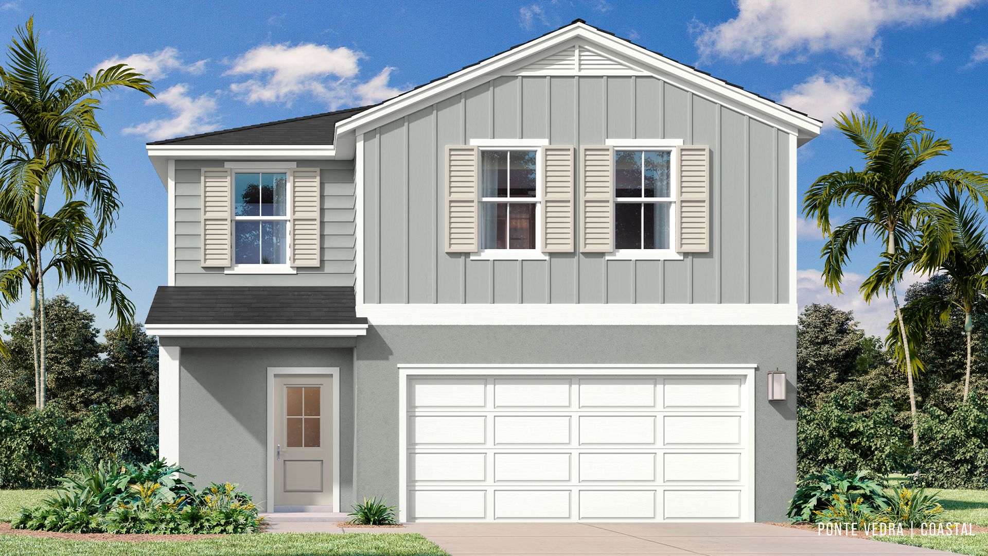 New construction two-story home, the Ponte Vedra model features covered entry, and 2-car garage with a paver driveway.