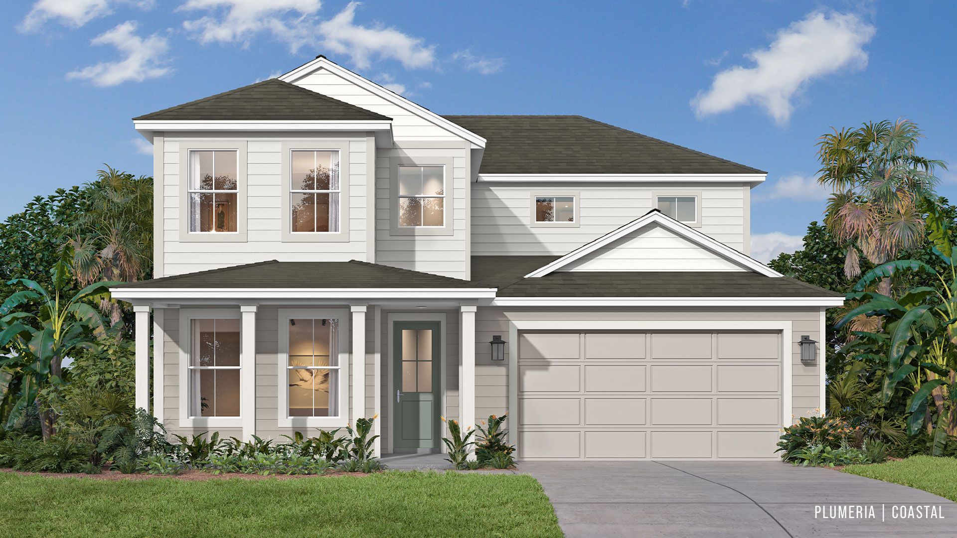 The Plumeria in Coastal elevation offers timeless charm, front porch living, and modern interiors at Trailside in Mount Dora.