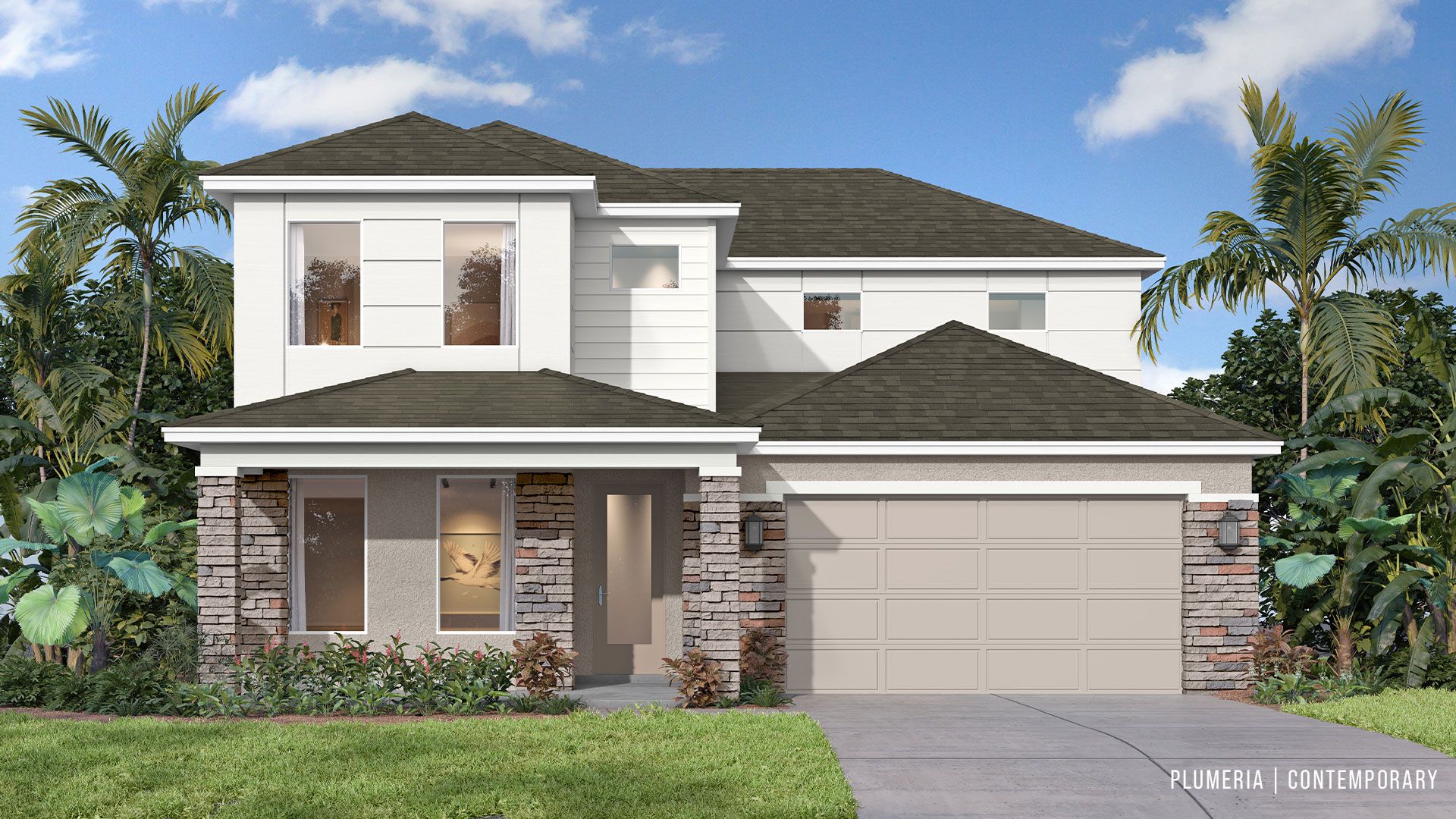 Sleek lines and bold materials define the Plumeria in Contemporary elevation—now available at Trailside in Mount Dora.