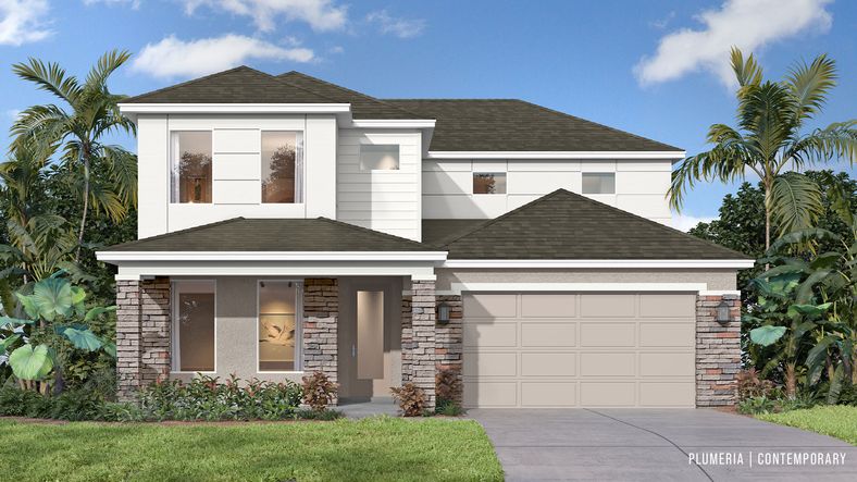 Sleek lines and bold materials define the Plumeria in Contemporary elevation—now available at Trailside in Mount Dora.