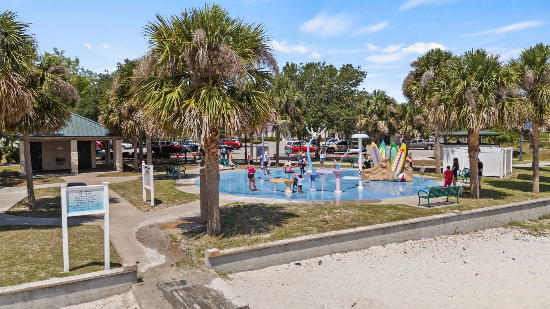 Splash pad at Lakefront Park in St. Cloud, FL — family fun with a splash pad, park, and a beach area near Cyrene at Harmony