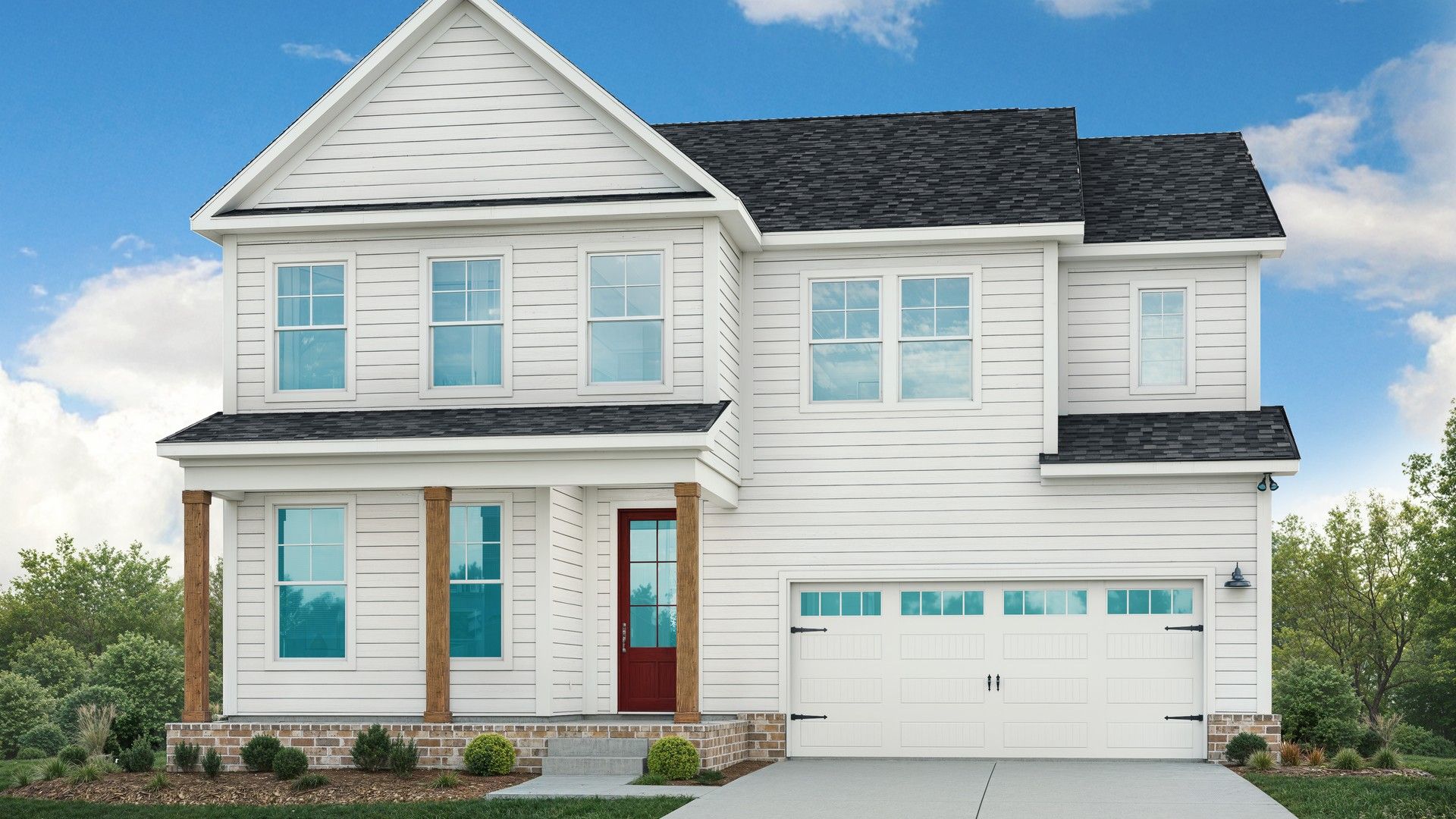 Elegant two-story home with gabled roof, brick accents, and striking red door in Northridge Park, Murfreesboro, TN.