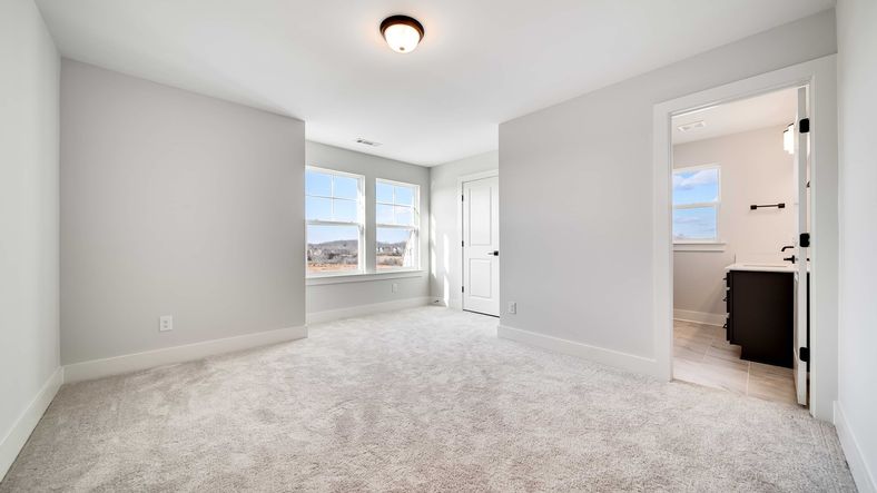 Luxurious bedroom with elegant plush carpet, large windows offering scenic views. Located in Richvale Estates.