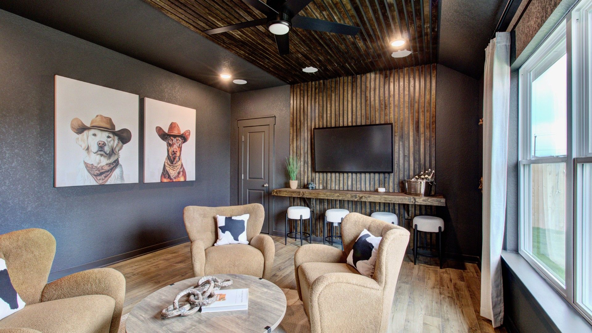 Experience luxury in Prairie Green with unique wall textures, exquisite art, and chic furnishings.