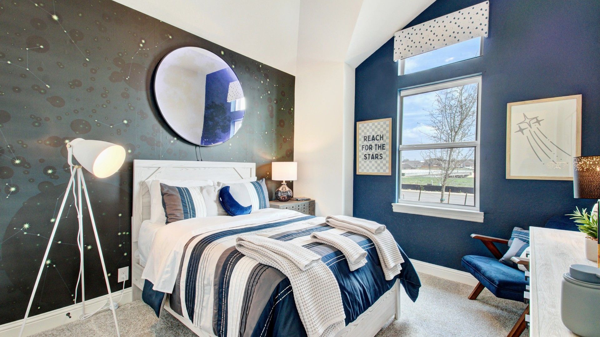 Experience elegance with celestial wallpaper and plush textiles in Veranda community's luxury setting.