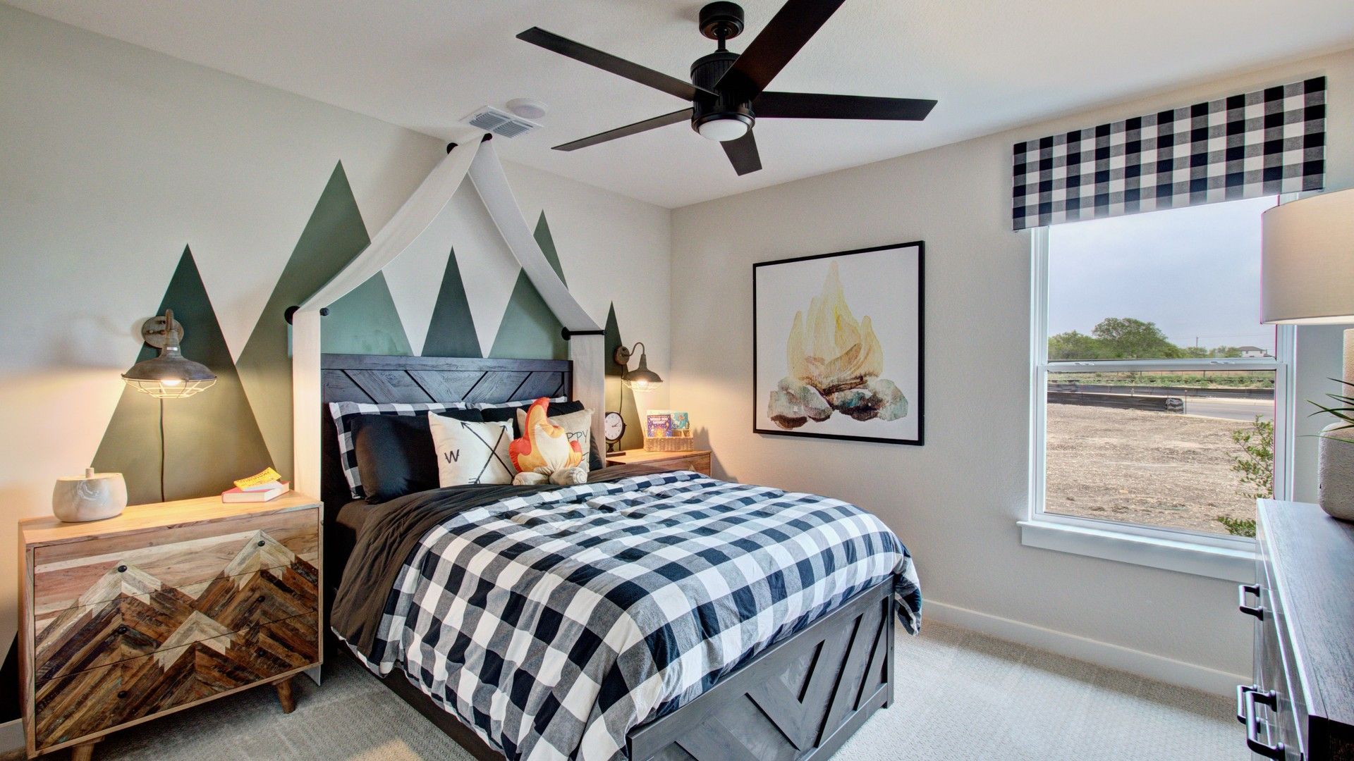 Experience the blend of rustic elegance with mountain motifs and sophisticated plaid design in Prairie Green.