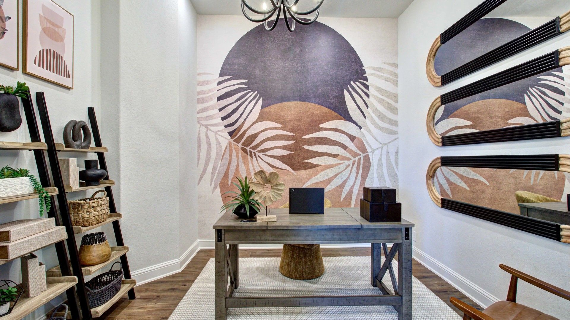 Luxurious Meyer Ranch office features elegant mural, sleek wooden furniture, and bespoke shelving.