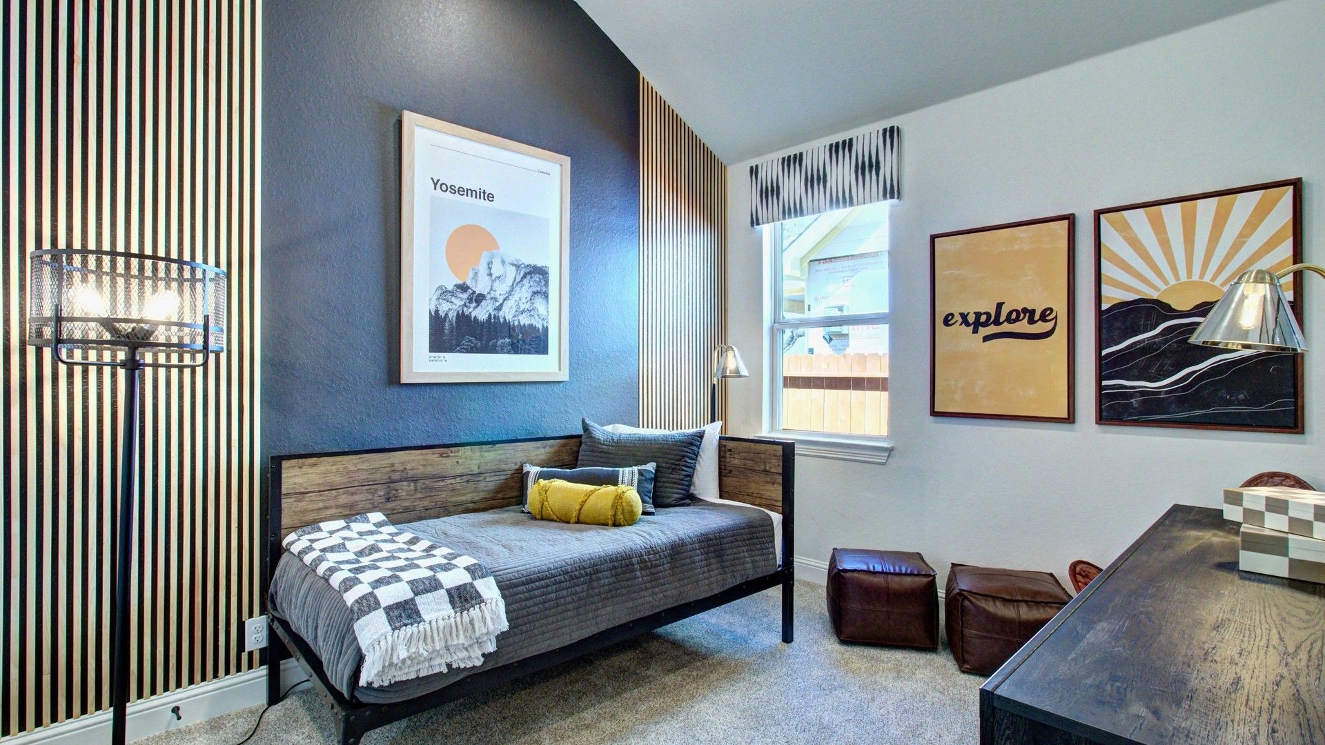 Experience refined elegance with striped walls and chic decor in this Meyer Ranch bedroom masterpiece.