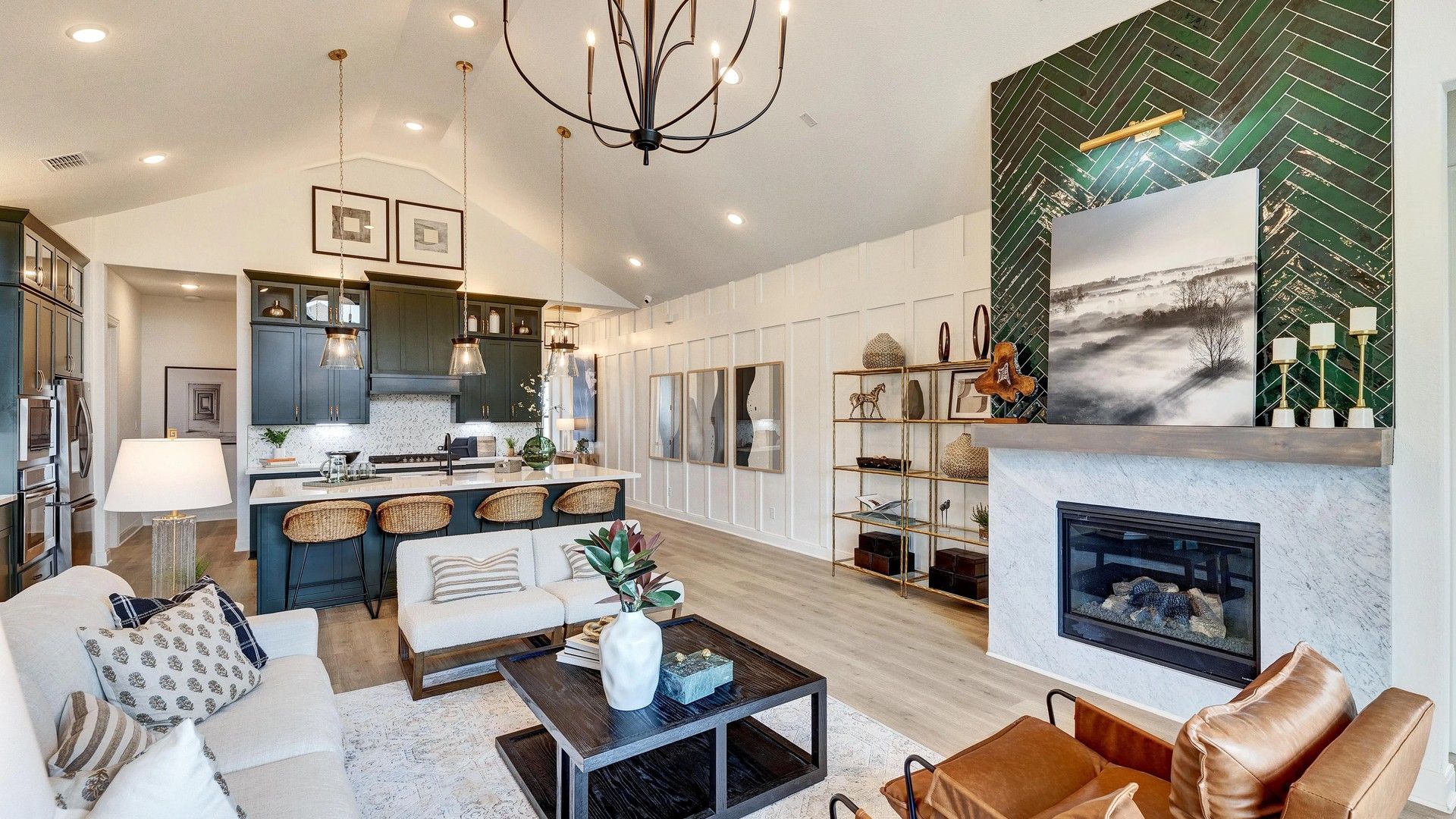 Opulent green herringbone fireplace, vaulted ceilings, chic lighting, Hawkes Landing.