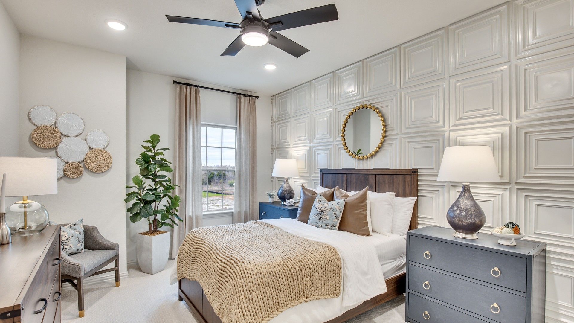 Experience luxury at Opal Ranch with a chic panel accent wall and elegant modern furnishings.