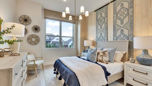Delight in refined wood textures and bespoke tapestry accents in this Sunfield bedroom.