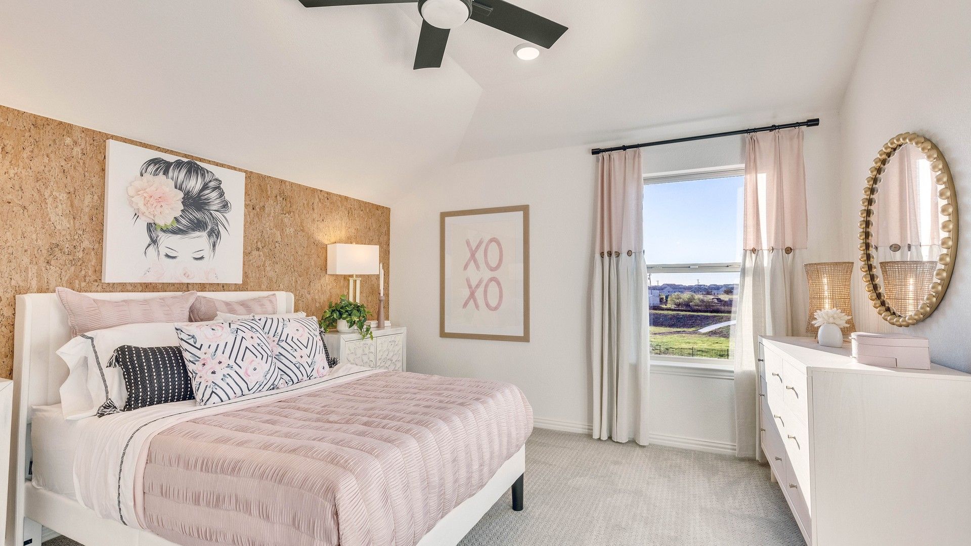 Experience luxury with sustainable cork accent wall, serene views, and refined decor in Creeks Crossing.