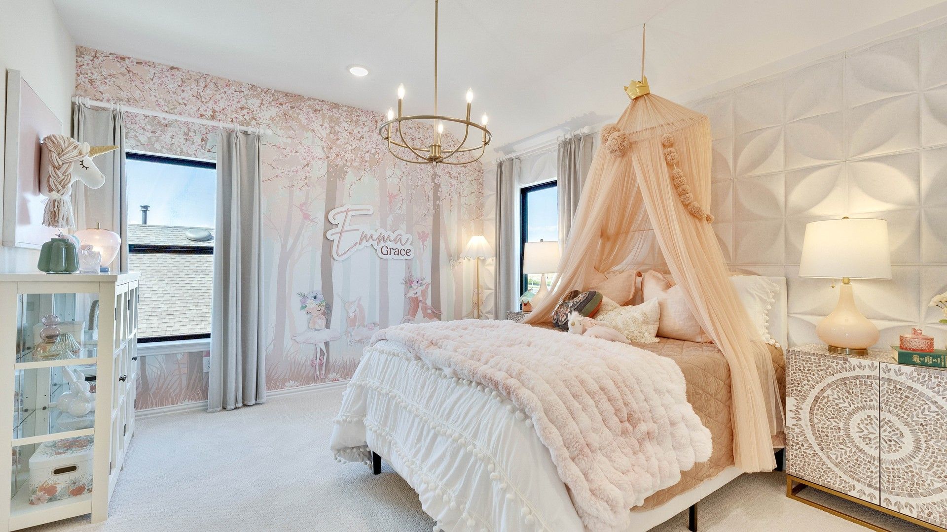Discover opulence with canopy bed, bespoke wallpaper, and plush textures in Lakeside Meadows.
