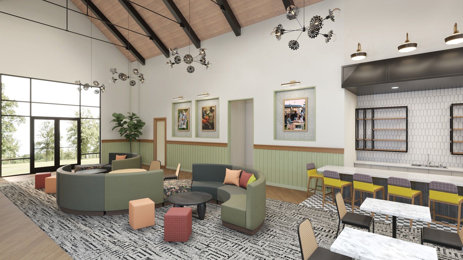 Luxurious vaulted ceiling and bespoke lighting enhance this elegant space within Flora community.