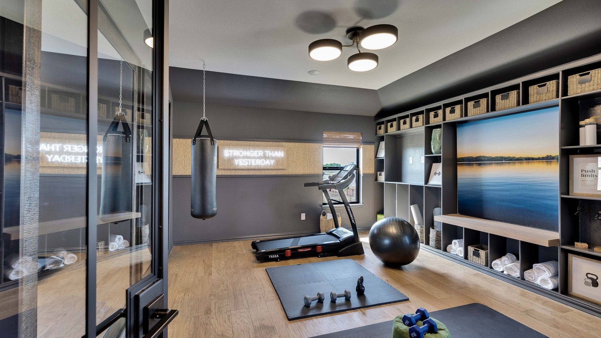 Exquisite home gym with high-end storage solutions, showcasing sophistication in Lakeside Meadows.