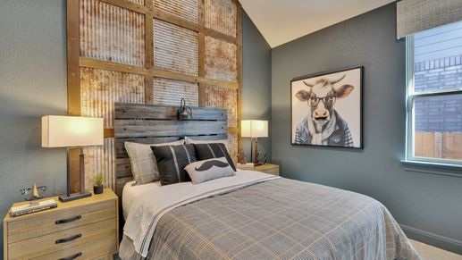 Revel in rustic elegance with a corrugated metal accent wall and chic design in Briarwood.