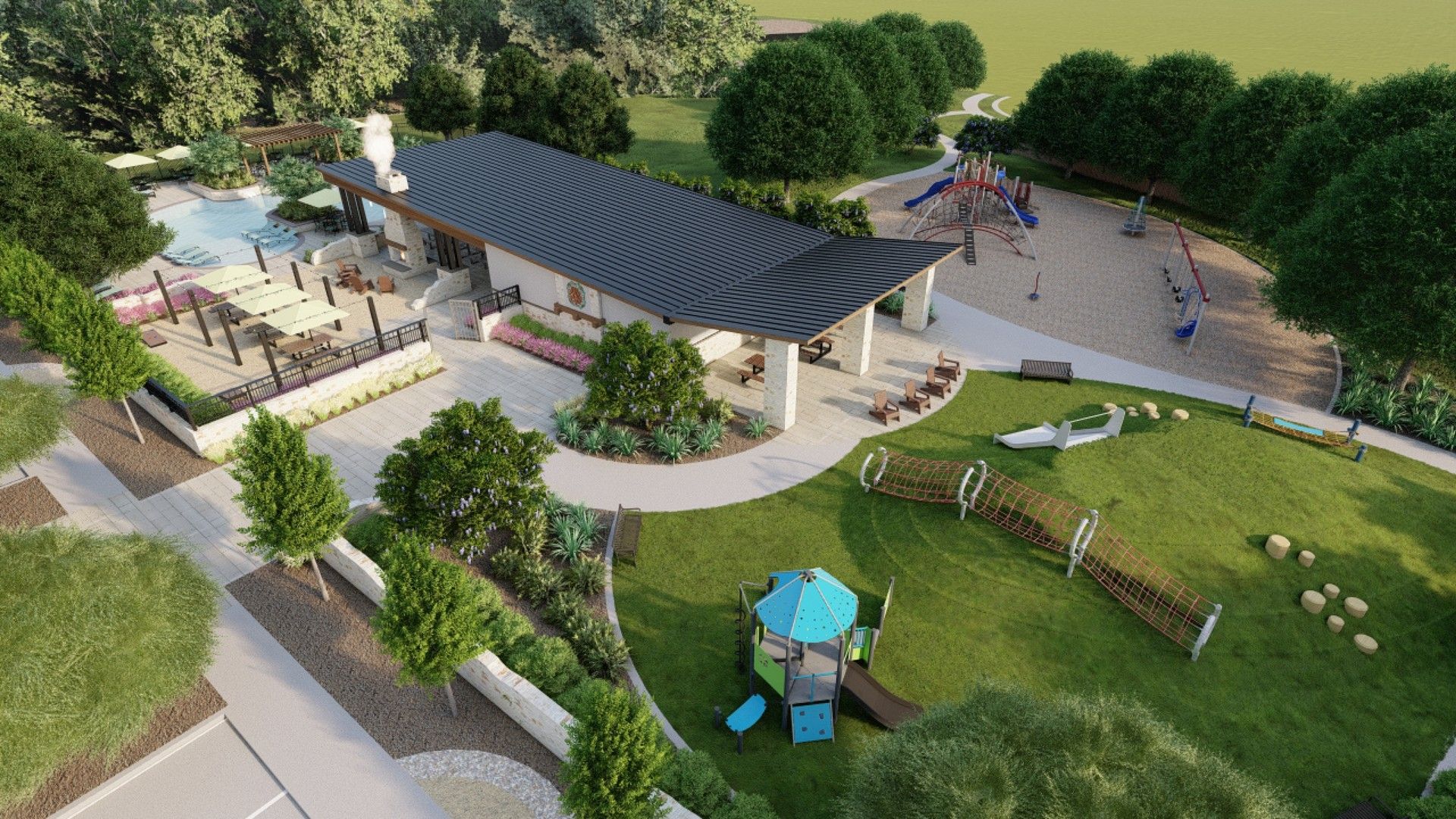 Experience modern elegance with a sleek pavilion and resort-style pool in Briarwood's lush landscape.