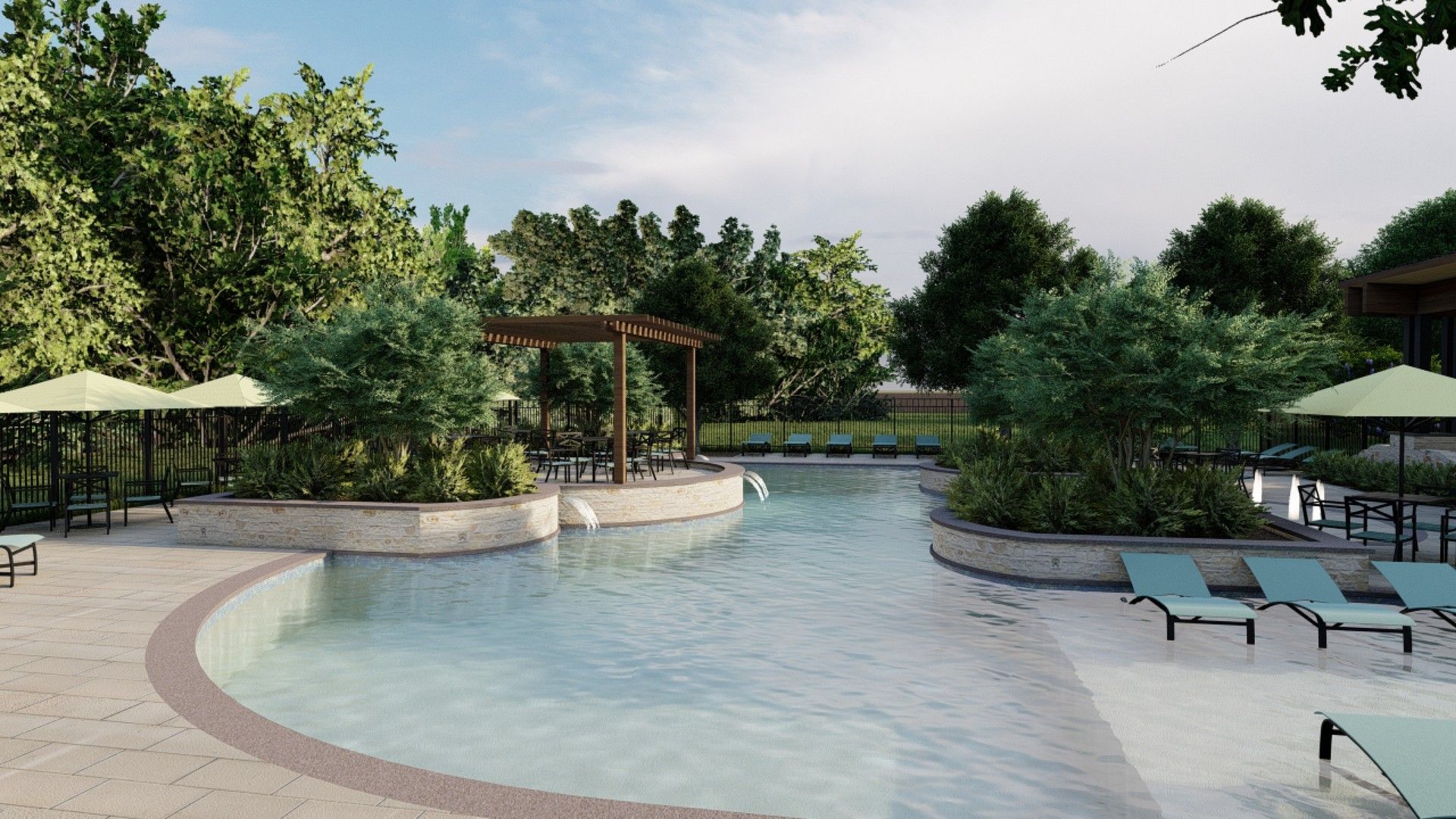 Experience elegance with a pergola-shaded island, stone accents, and serene poolside lounges at Briarwood.