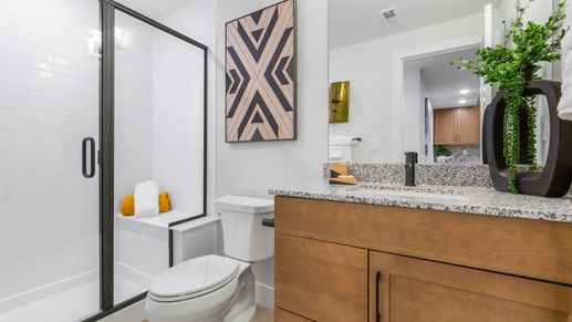 Sleek Dillon Pointe bathroom features granite countertops, elegant wood cabinetry, and pristine glass shower.