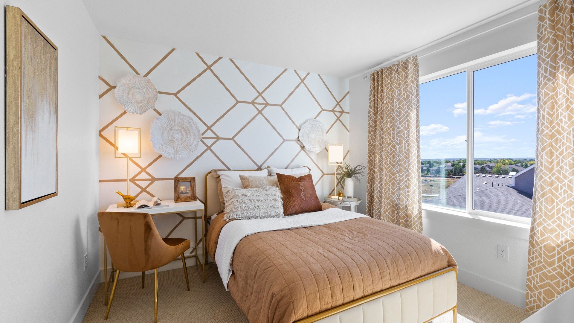 Experience sophisticated living with a geometric accent wall and panoramic views in Dillon Pointe.