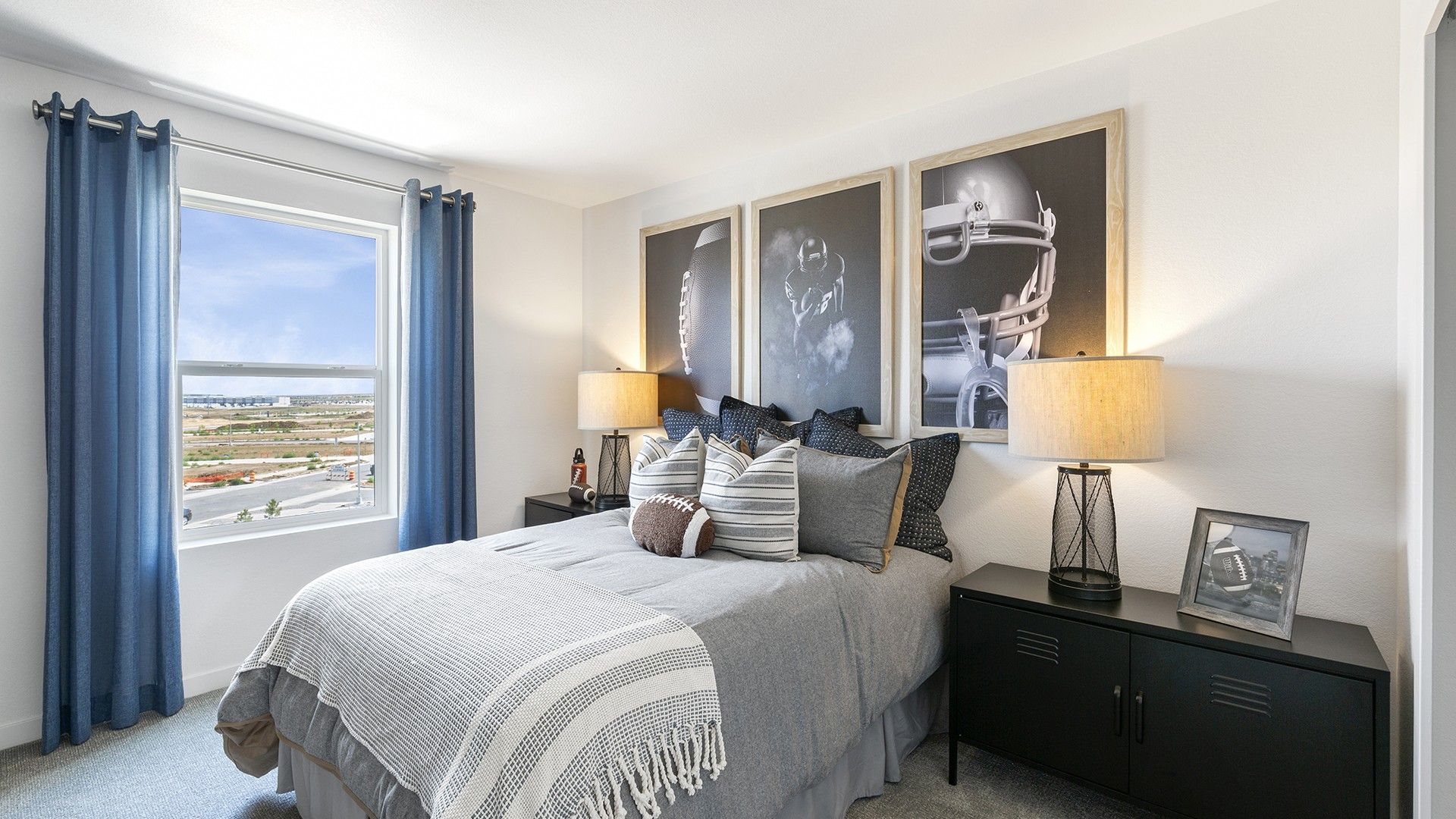 Experience luxury architecture with this single-family home's stunning bedroom design.