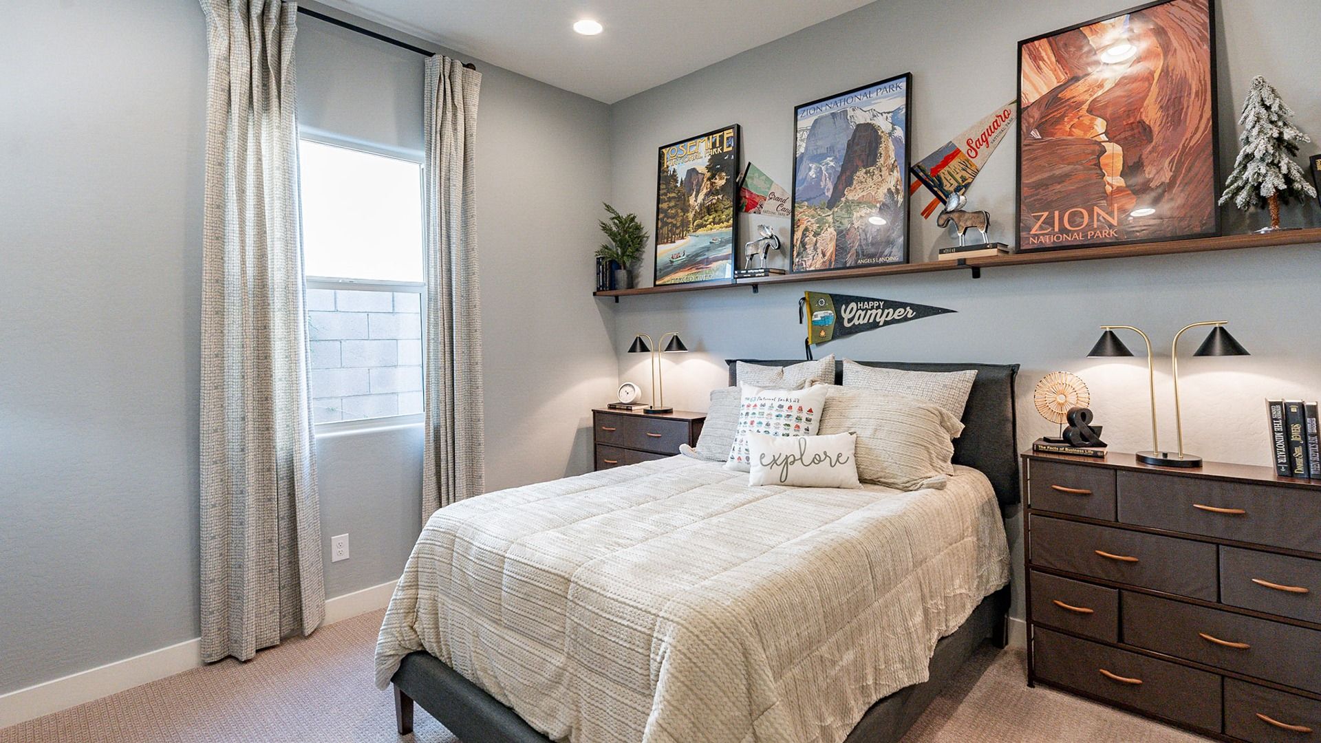 Experience luxury with a plush bed, sleek furnishings, and artful decor at Arroyo Seco - Hacienda.