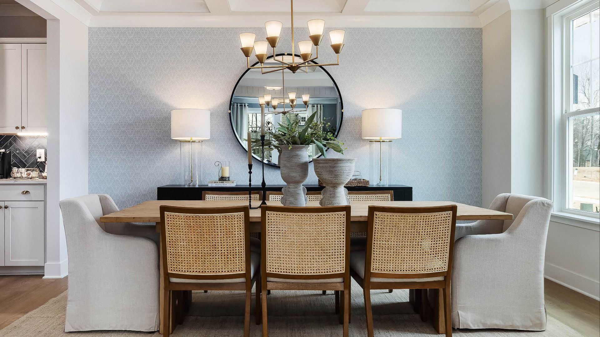 Stonefield home plan formal dining room with coffered ceilings and butler's pantry