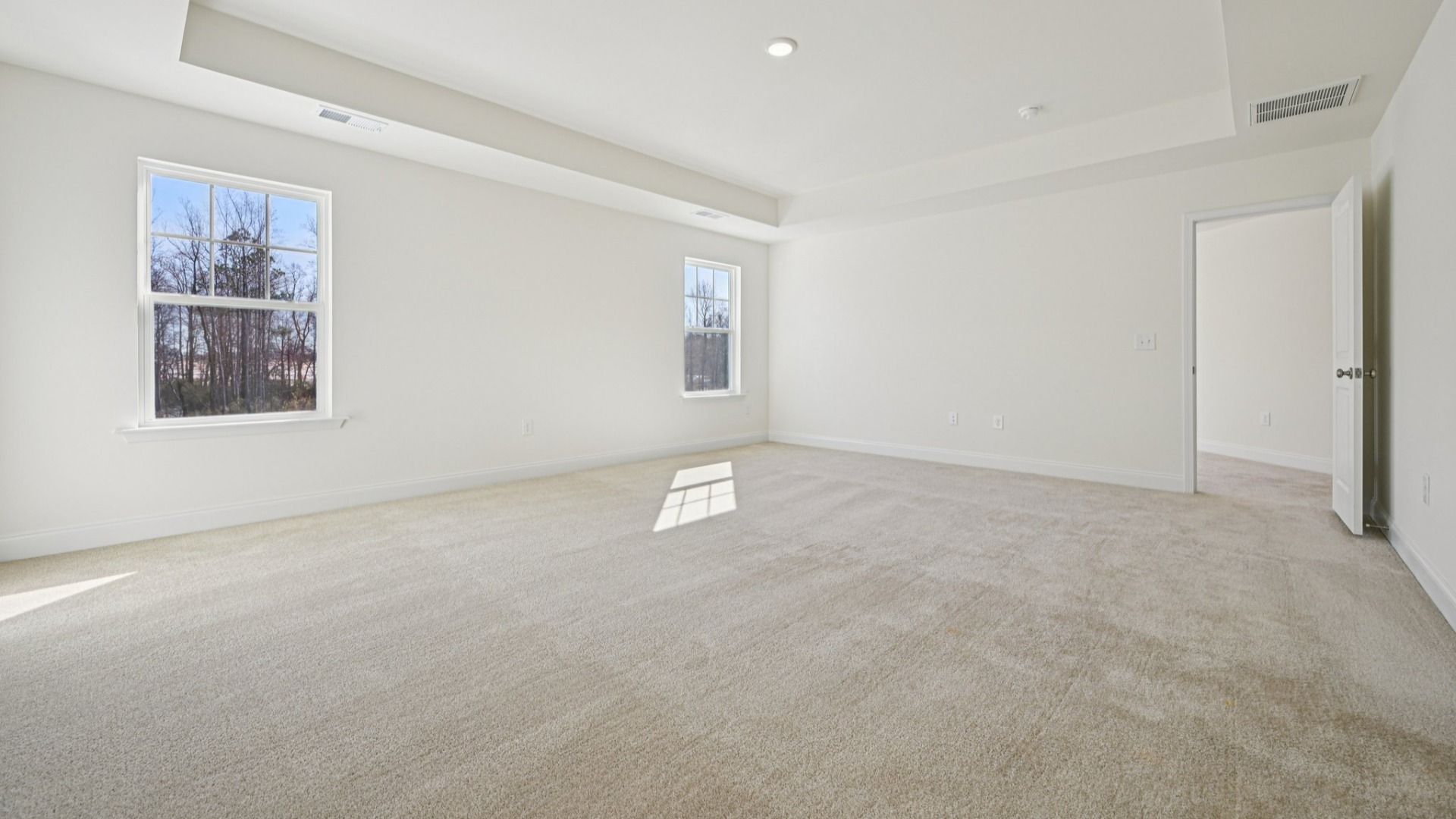 Wagener home plan spacious primary bedroom/suite with tray ceiling, natural light, walk-in closet and en suite bathroom