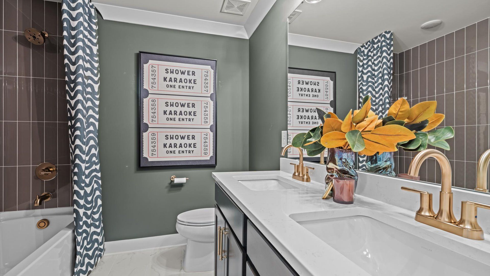 Pelham home plan secondary bathroom with tile shower and dual vanities
