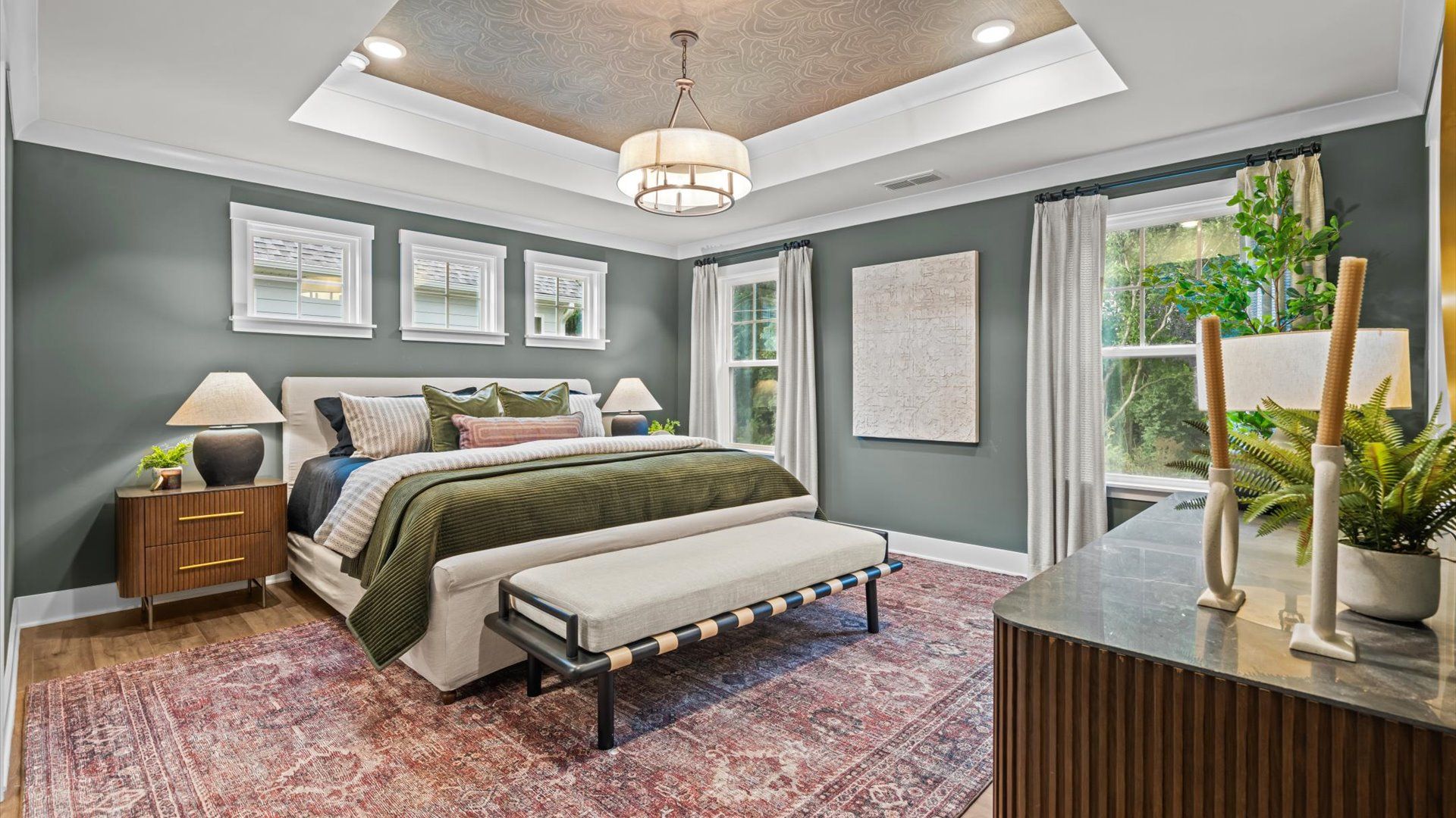 Pelham home plan spacious primary bedroom/suite with tray ceiling and en suite bathroom